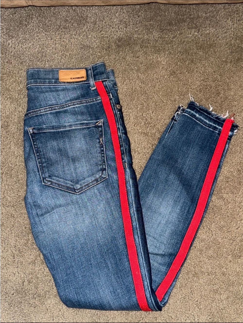 Express Women's Dark Blue Skinny Jeans with Red Side Stripe